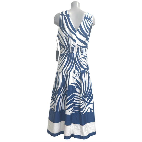 WHITE HOUSE BLACK MARKET WHBM BLUE PALM SLEEVELESS V-NECK SATEEN MIDI DRESS 14 - Picture 3 of 7
